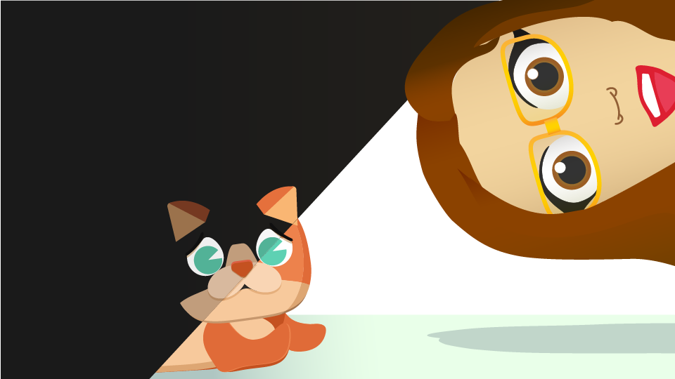 Timid Tator Cat hiding when a stranger tries to say hi. Illustration has timid Tator, an orange cat, hiding in the shadows when a woman with glasses peeks to say hi.