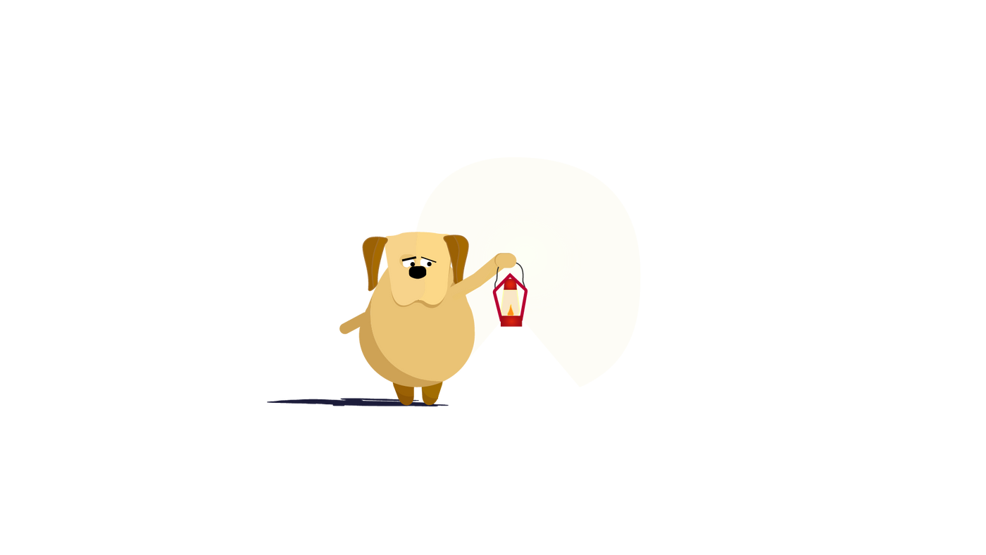 Illustration of Jittery Chip Dog & Puppy holding a lantern to depict him being scared of everything, from dark to random noises & strangers.