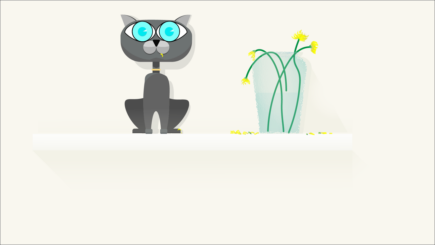 O'Brien the Cat, a peaceful cat that does naughty things behind your back. Eating flowers. Illustration of Obrien eating flowers in a vase on a shelf.
